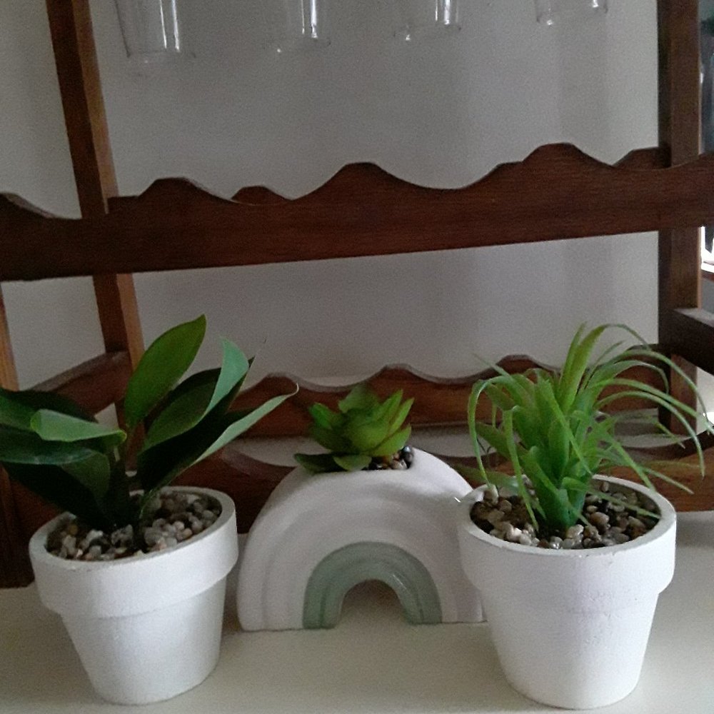 Trio of Ceramic Planters with Plastic Plants
